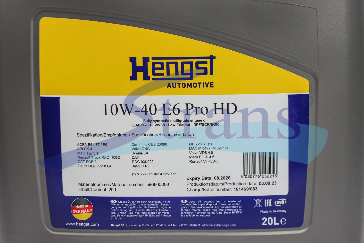 Масло Моторне Hengst 10W-40 E6 Hd Pro (На Euro 5/Euro 6) 20Л